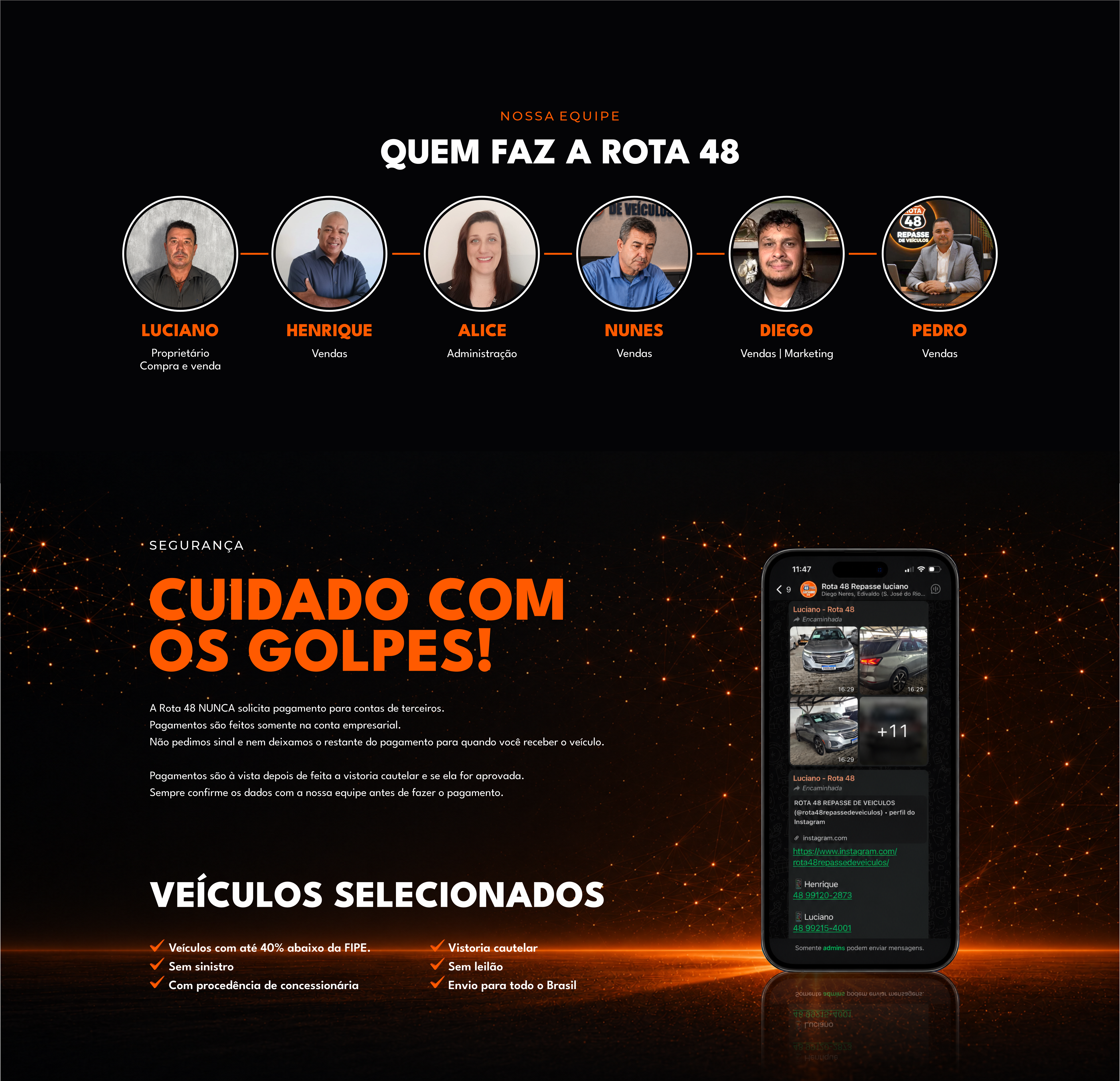 Equipe da Rota 48 e orientações de segurança contra golpes